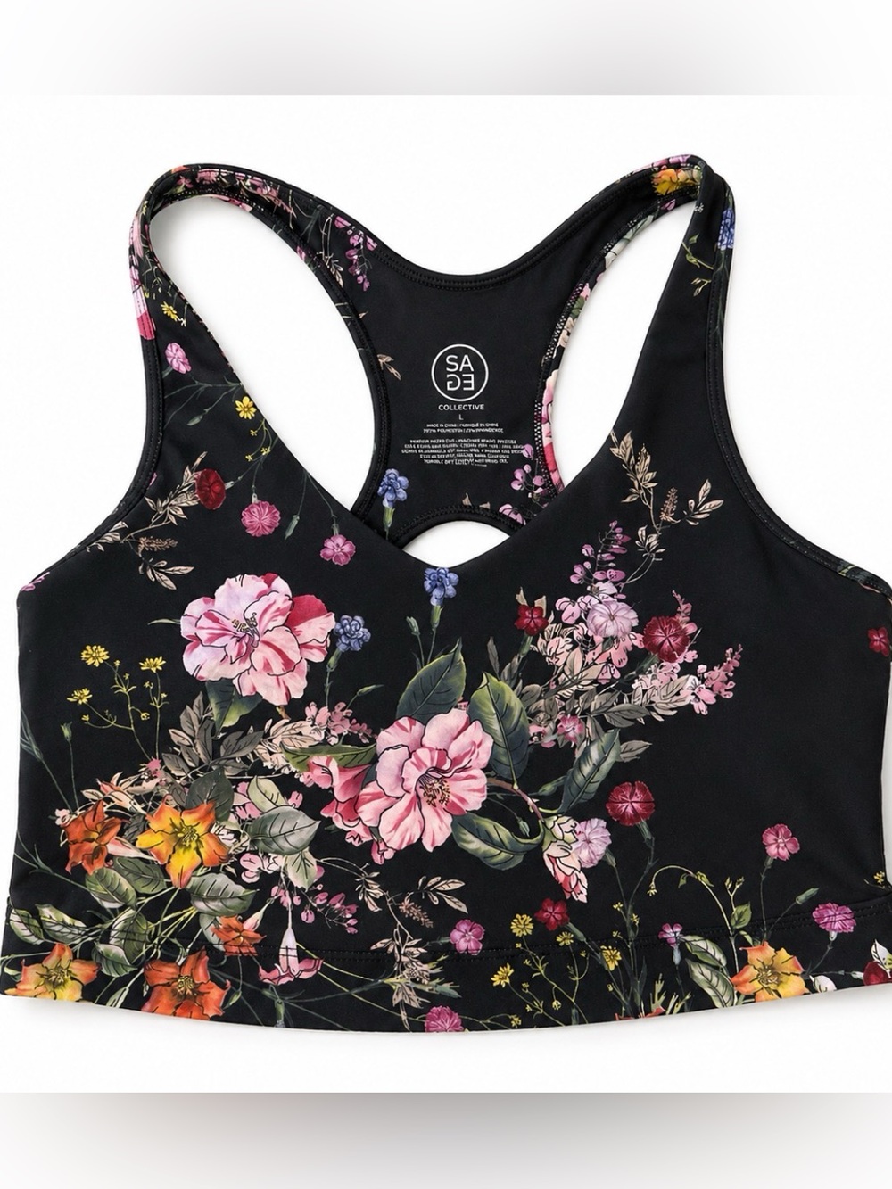 Sage Floral Racerback Sports Bra - Black with Pink, Green & Orange Floral Print
